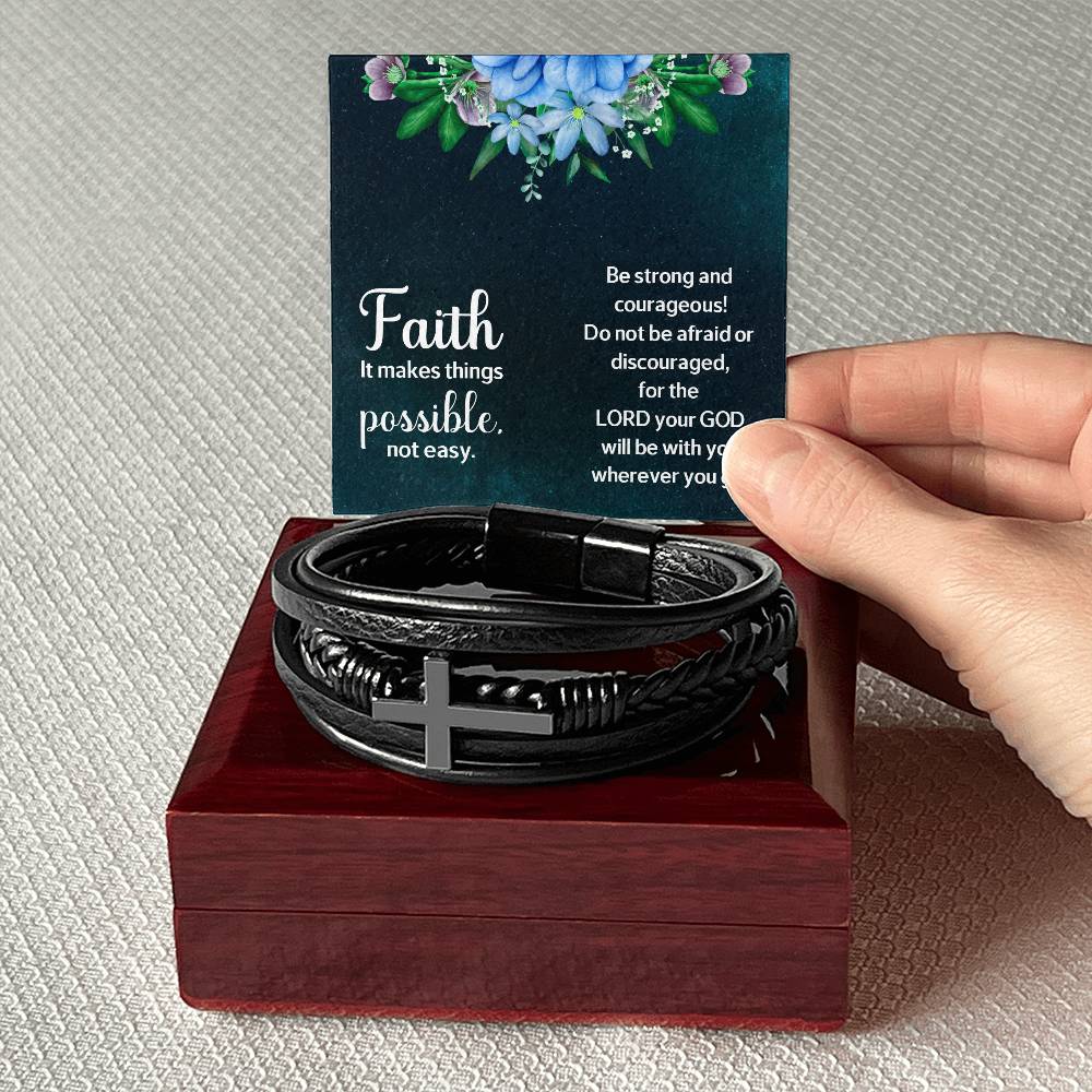 Faith Makes Things Possible Men's Stainless Steel & Vegan Leather Cross Bracelet - Vegan Leather with Stainless Steel-Express Your Love Gifts