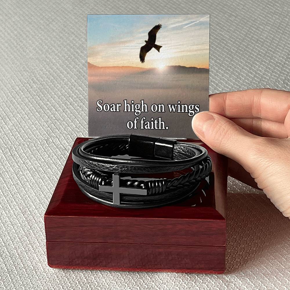 Soar High on Faith in Lord Isaiah 40:31 Men's Stainless Steel & Vegan Leather Cross Bracelet - Vegan Leather with Stainless Steel-Express Your Love Gifts