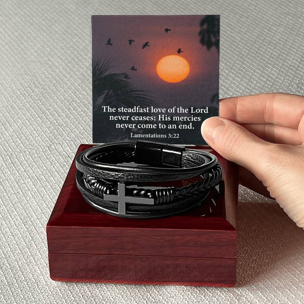 Love of Lord Never Ends Lamentations 3:22 Men's Stainless Steel & Vegan Leather Cross Bracelet - Vegan Leather with Stainless Steel-Express Your Love Gifts