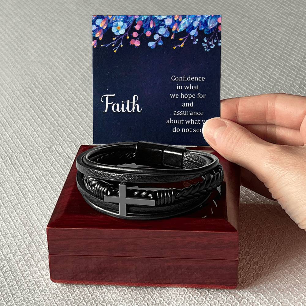 Faith (noun) Hebrews 11:1 Men's Stainless Steel & Vegan Leather Cross Bracelet - Vegan Leather with Stainless Steel-Express Your Love Gifts