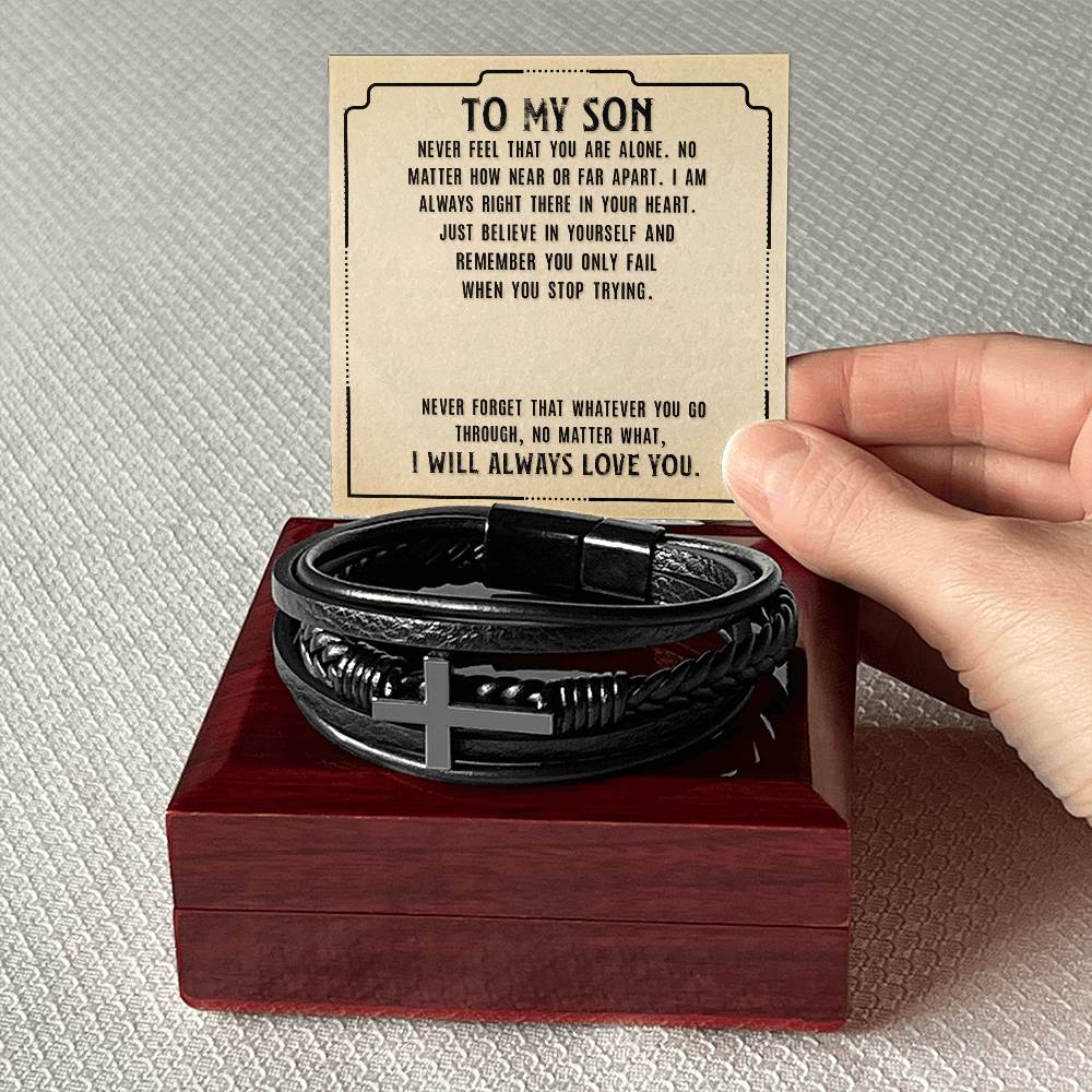 To My Son Never Feel That Men's Cross Bracelet - Vegan Leather with Stainless Steel-Express Your Love Gifts