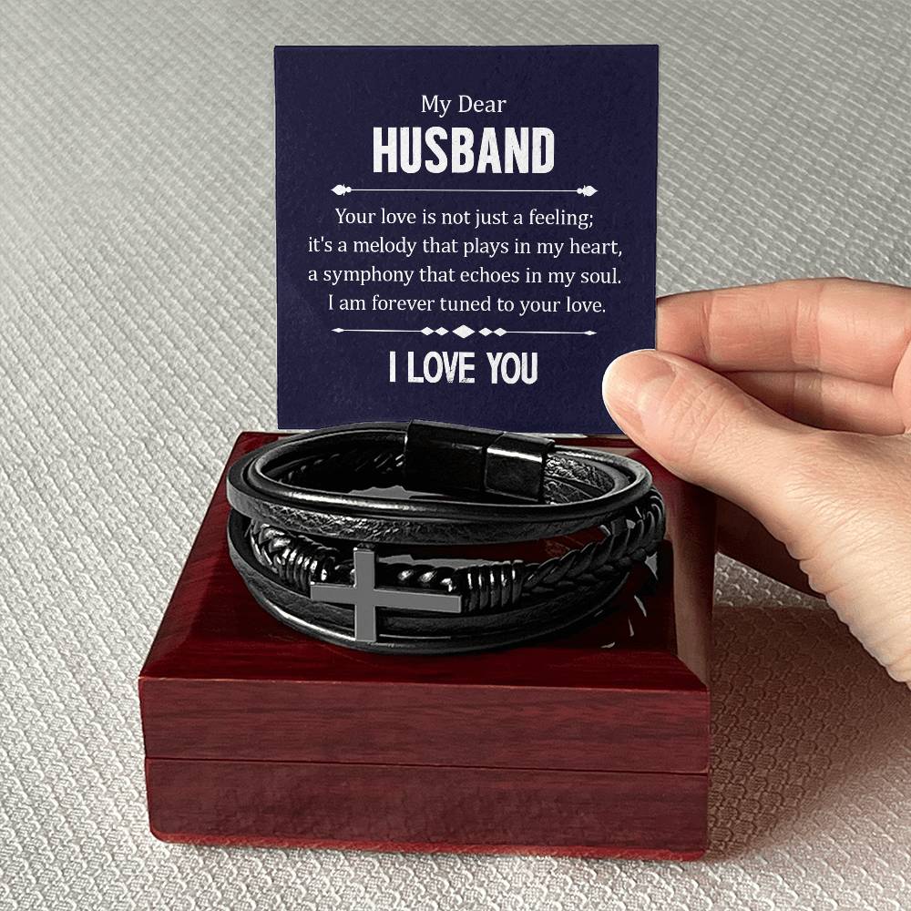 To My Husband Your Love is Not Just a Feeling Men's Cross Bracelet - Vegan Leather with Stainless Steel-Express Your Love Gifts