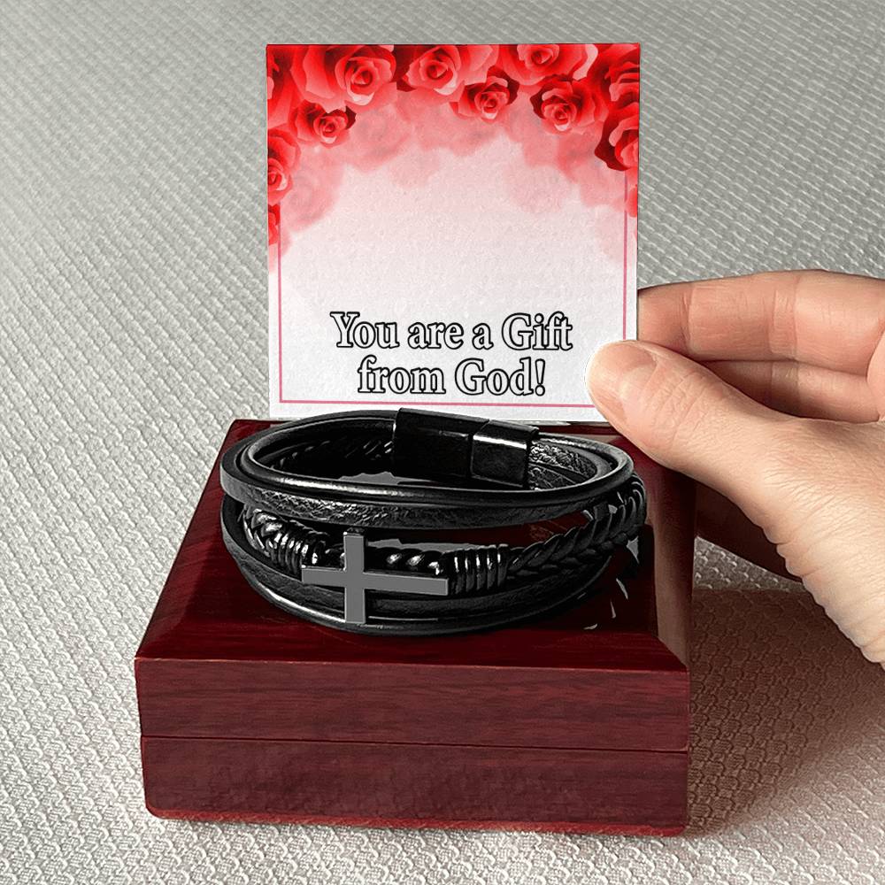 You Are a Gift From God Men's Stainless Steel & Vegan Leather Cross Bracelet - Vegan Leather with Stainless Steel-Express Your Love Gifts
