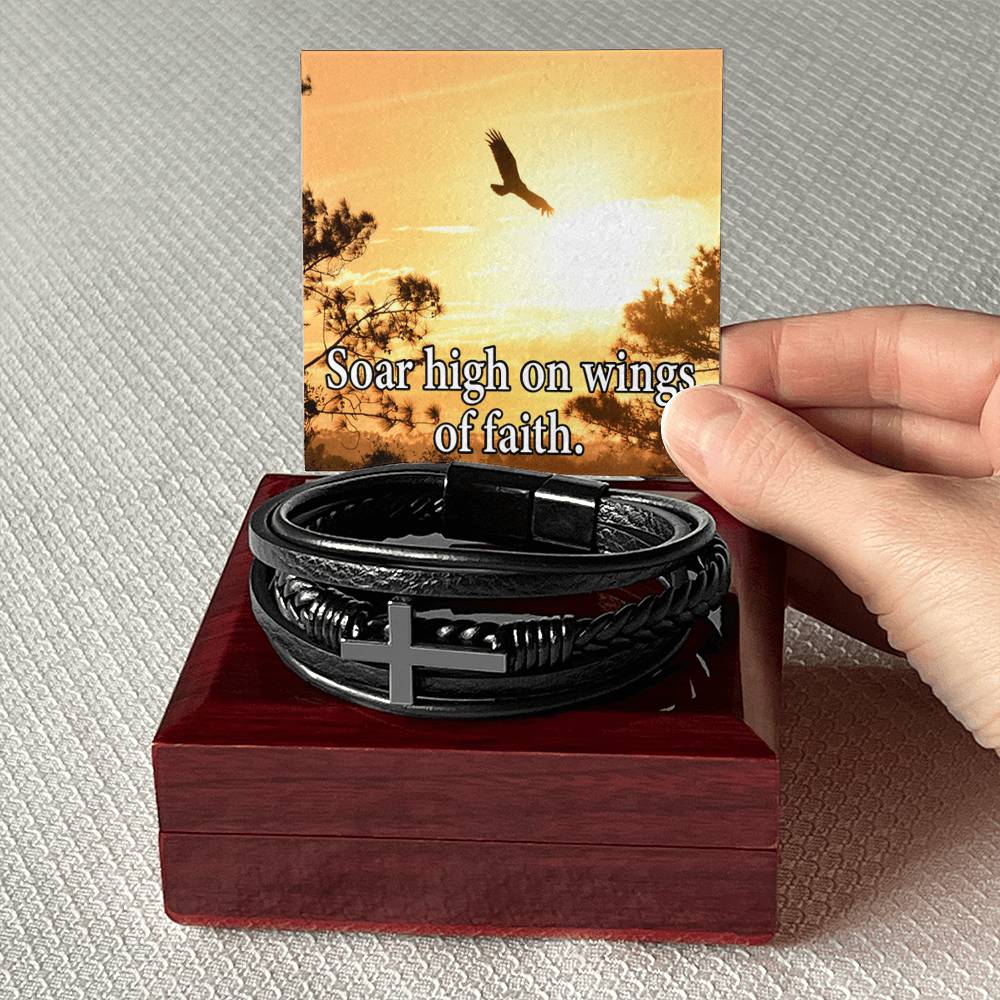 Soar High on Faith Men's Stainless Steel & Vegan Leather Cross Bracelet - Vegan Leather with Stainless Steel-Express Your Love Gifts