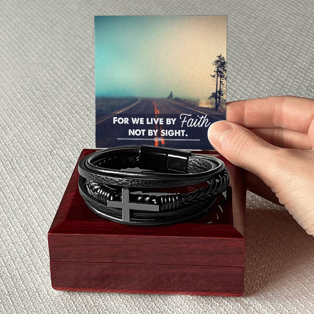For We Live by Faith Not by Side Men's Stainless Steel & Vegan Leather Cross Bracelet - Vegan Leather with Stainless Steel-Express Your Love Gifts