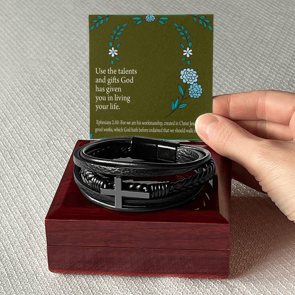 You Are God's Workmanship Ephesians 2:10 Men's Stainless Steel & Vegan Leather Cross Bracelet - Vegan Leather with Stainless Steel-Express Your Love Gifts