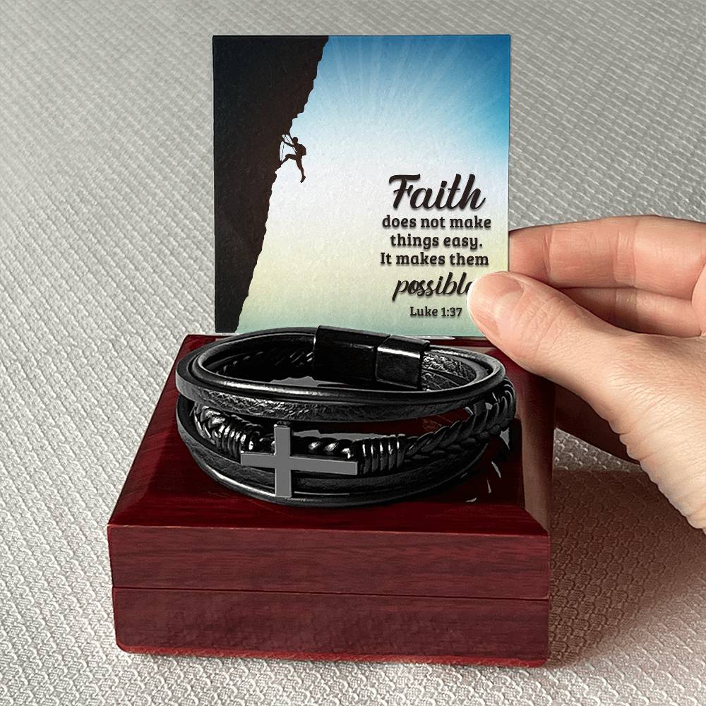 Faith Does Not Make Things Easy Men's Stainless Steel & Vegan Leather Cross Bracelet - Vegan Leather with Stainless Steel-Express Your Love Gifts
