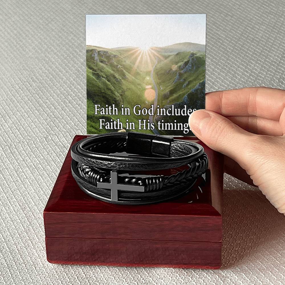 Faith in God's Timing Men's Stainless Steel & Vegan Leather Cross Bracelet - Vegan Leather with Stainless Steel-Express Your Love Gifts
