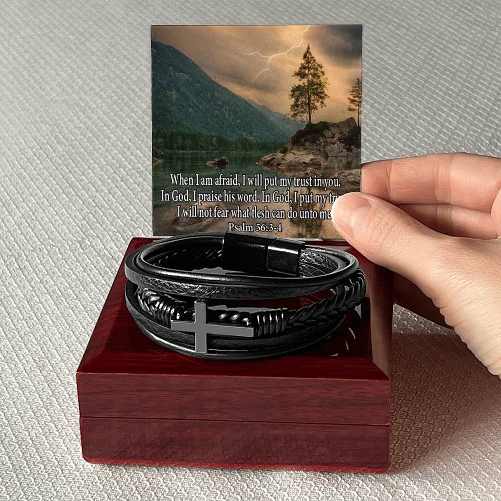 Trust in God Psalm 56:3-4 Men's Stainless Steel & Vegan Leather Cross Bracelet - Vegan Leather with Stainless Steel-Express Your Love Gifts