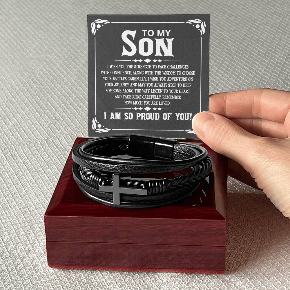 To My Son I Wish You the Strength to Face Challenges Men's Cross Bracelet - Vegan Leather with Stainless Steel-Express Your Love Gifts