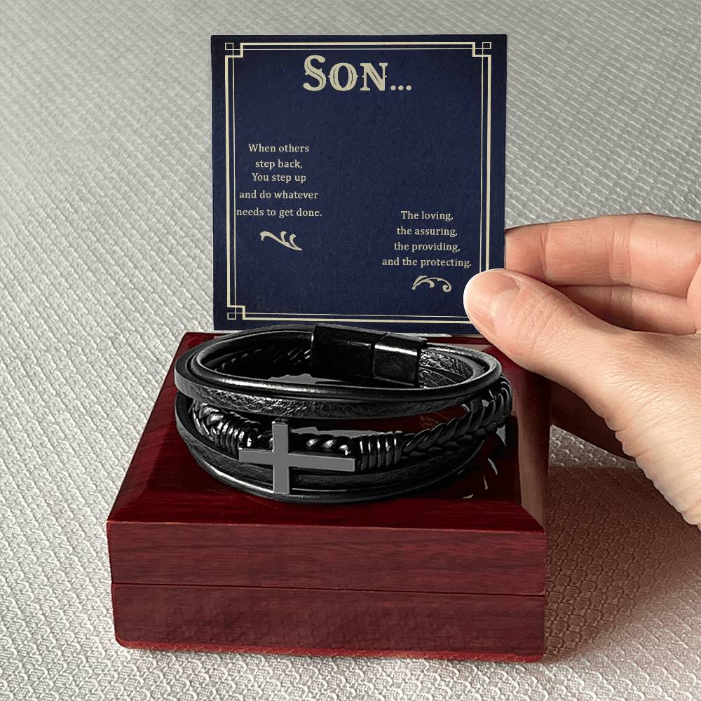 To My Son When Others Step Back Men's Cross Bracelet - Vegan Leather with Stainless Steel-Express Your Love Gifts
