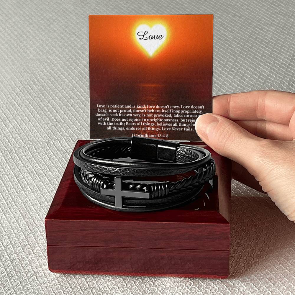 Love Message 1 Corinthians 13:4-8 Men's Stainless Steel & Vegan Leather Cross Bracelet - Vegan Leather with Stainless Steel-Express Your Love Gifts