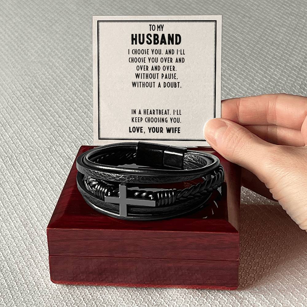 To My Husband I Choose You Men's Cross Bracelet - Vegan Leather with Stainless Steel-Express Your Love Gifts