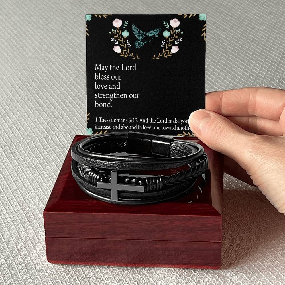Lord Bless Our Love 1 Thessalonians 3:12 Men's Stainless Steel & Vegan Leather Cross Bracelet - Vegan Leather with Stainless Steel-Express Your Love Gifts