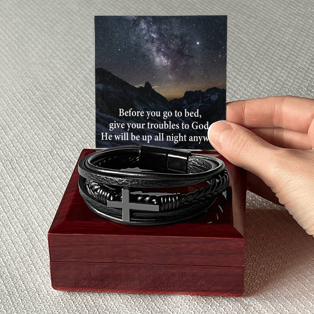 Give Your Trouble to God Men's Stainless Steel & Vegan Leather Cross Bracelet - Vegan Leather with Stainless Steel-Express Your Love Gifts