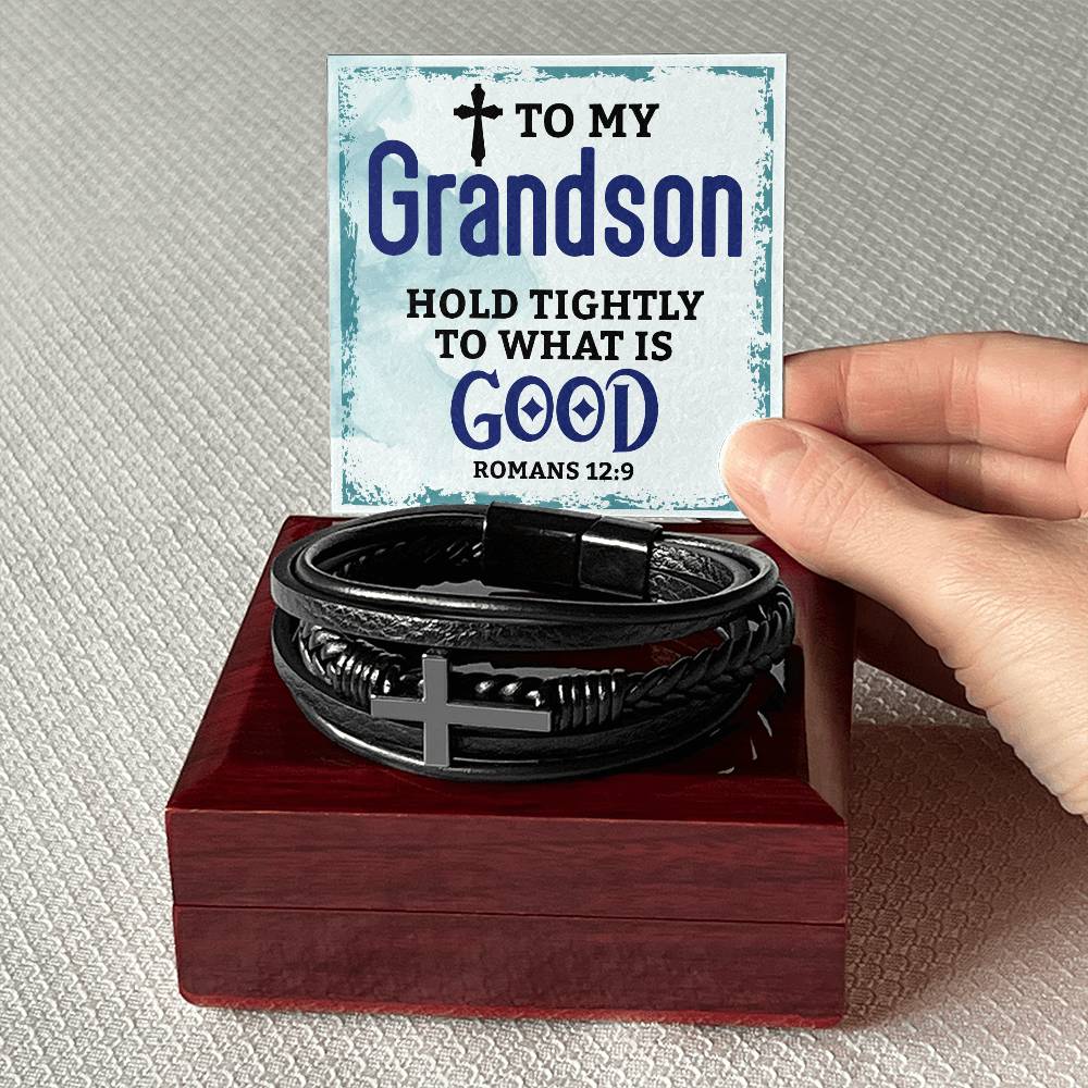 To My Grandson Hold Tightly Men's Cross Bracelet - Vegan Leather with Stainless Steel-Express Your Love Gifts