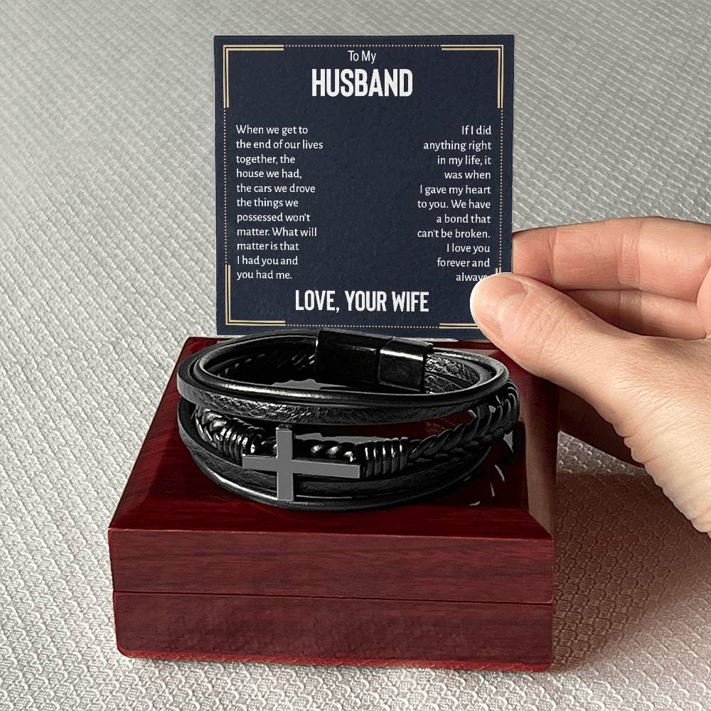 To My Husband When We Get to the End of Our Lives Men's Cross Bracelet - Vegan Leather with Stainless Steel-Express Your Love Gifts
