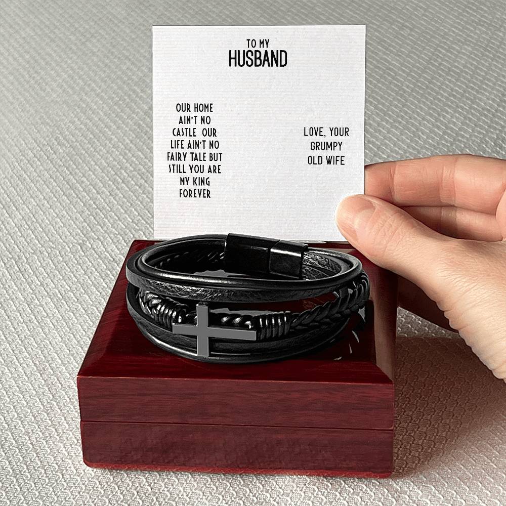 To My Husband Our Home Ain't No Castle Men's Cross Bracelet - Vegan Leather with Stainless Steel-Express Your Love Gifts