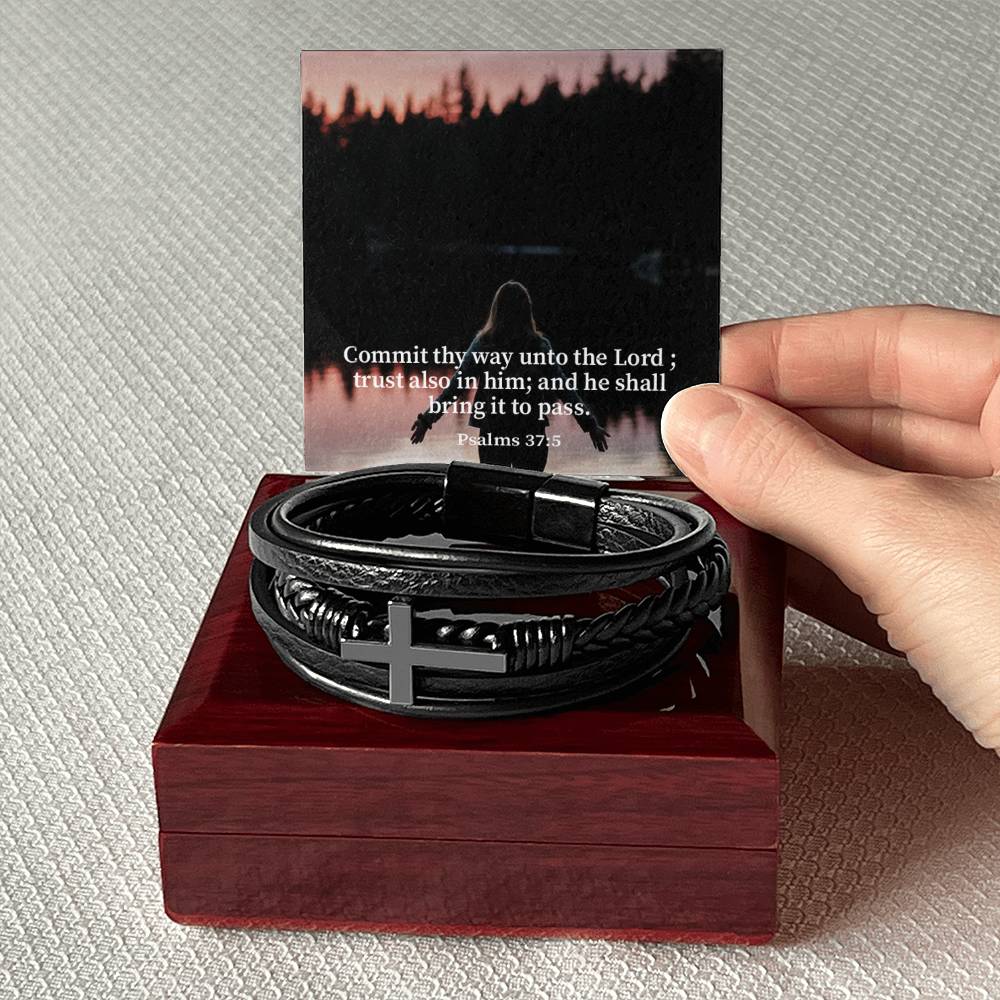 Commit Psalm 37:5 Men's Stainless Steel & Vegan Leather Cross Bracelet - Vegan Leather with Stainless Steel-Express Your Love Gifts