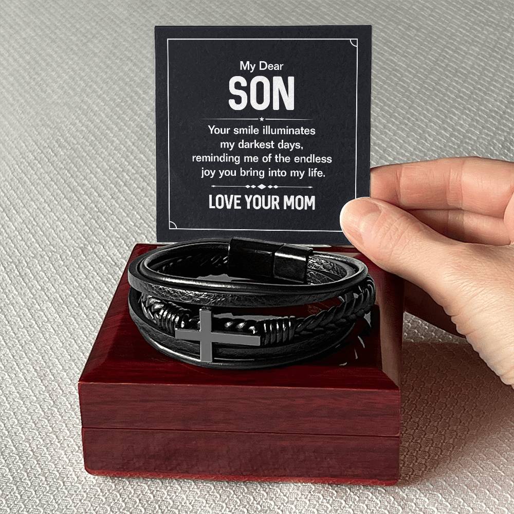 To My Son Your Smile Men's Cross Bracelet - Vegan Leather with Stainless Steel-Express Your Love Gifts