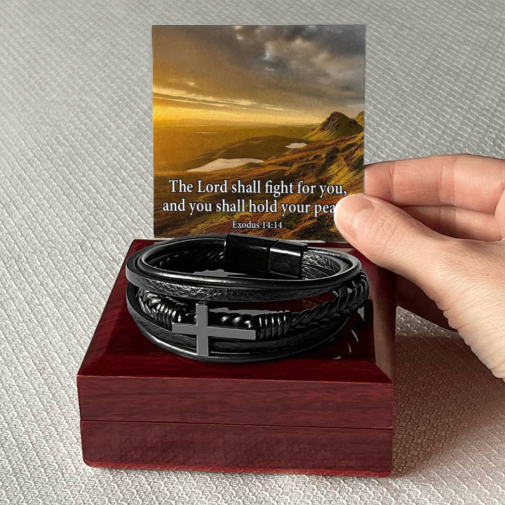 The Lord Shall Fight For You Exodus 14:14 Men's Stainless Steel & Vegan Leather Cross Bracelet - Vegan Leather with Stainless Steel-Express Your Love Gifts