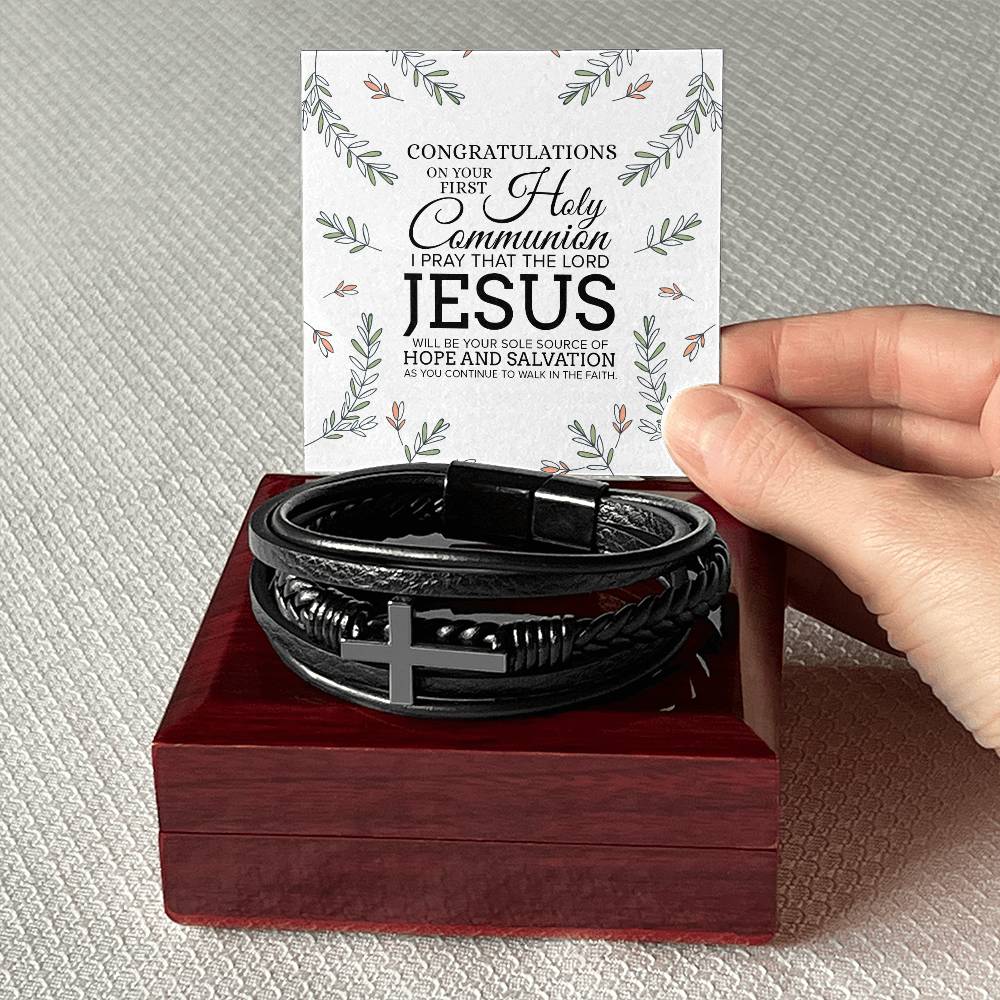 Congratulations on Your First Holy Communion Men's Stainless Steel & Vegan Leather Cross Bracelet - Vegan Leather with Stainless Steel-Express Your Love Gifts