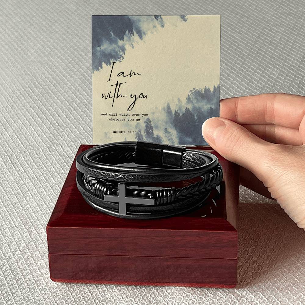 I Am With You Men's Cross Bracelet - Vegan Leather with Stainless Steel-Express Your Love Gifts