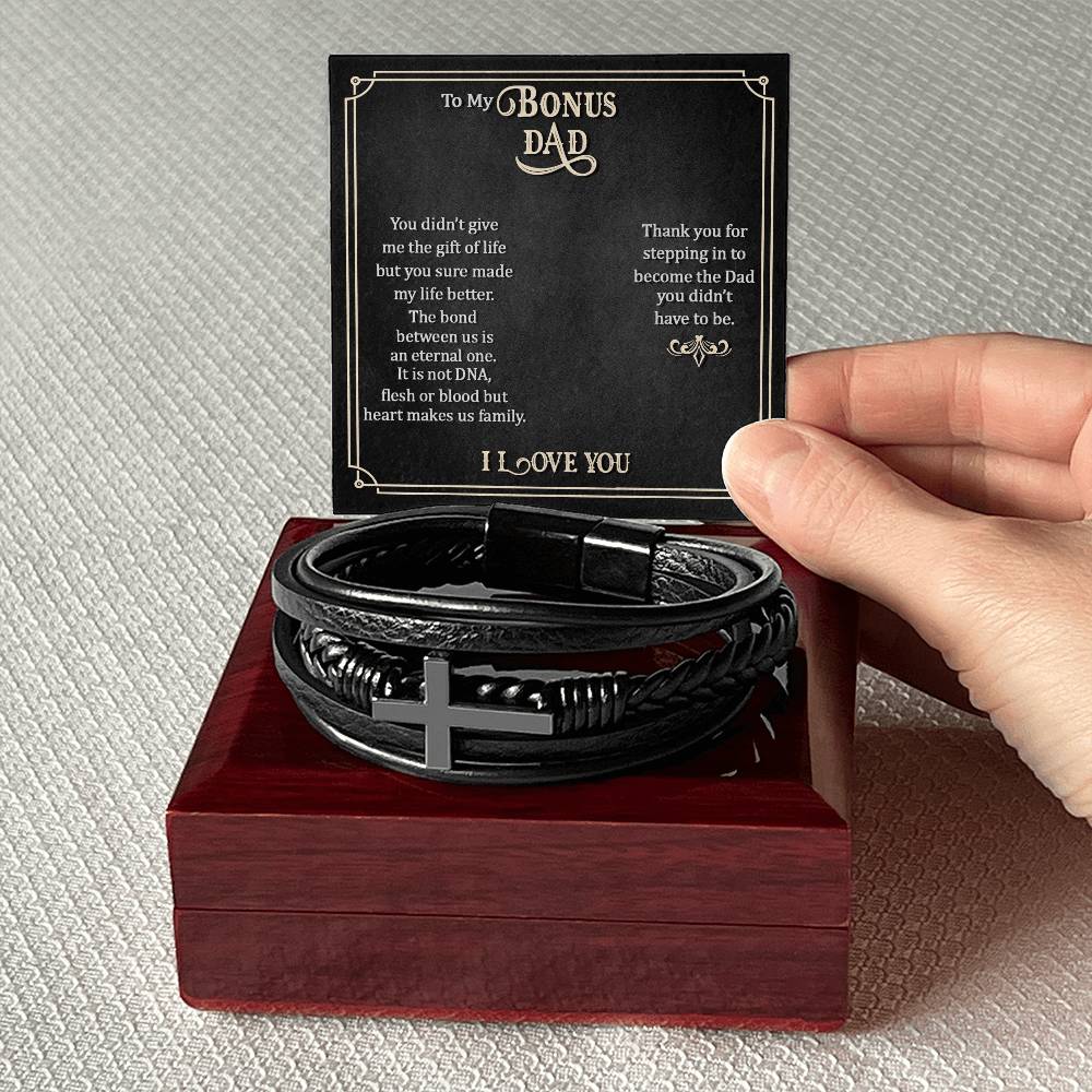To My Bonus Dad Men's Cross Bracelet - Vegan Leather with Stainless Steel-Express Your Love Gifts