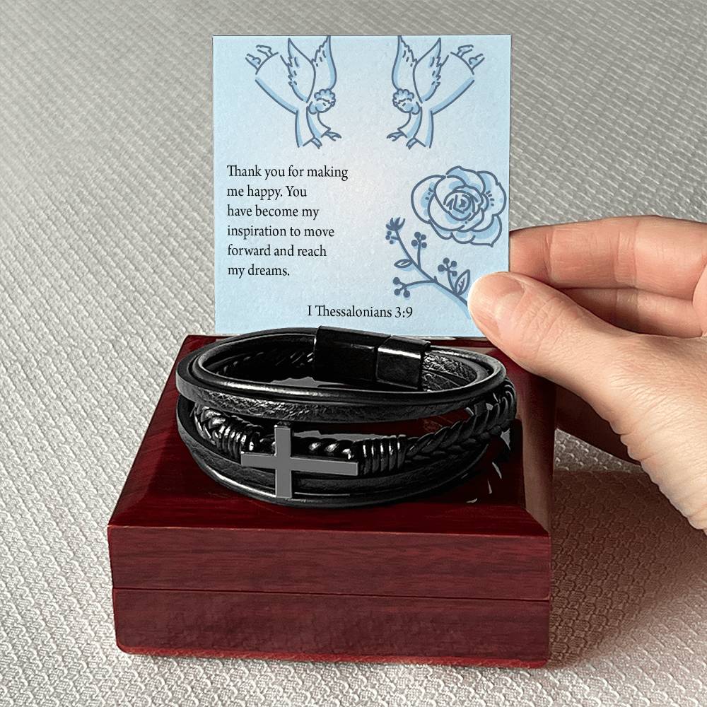 You're my Inspiration Thessalonians Men's Stainless Steel & Vegan Leather Cross Bracelet - Vegan Leather with Stainless Steel-Express Your Love Gifts