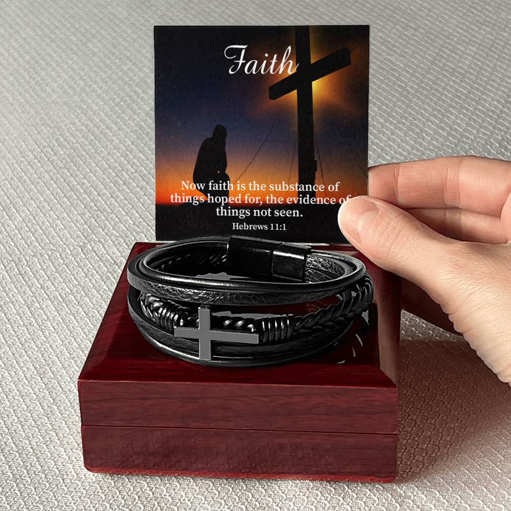 Faith Hebrews 11:1 Men's Stainless Steel & Vegan Leather Cross Bracelet - Vegan Leather with Stainless Steel-Express Your Love Gifts