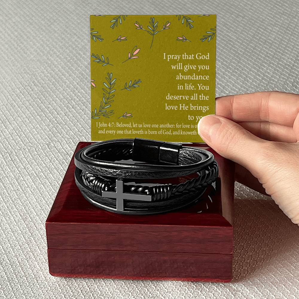 God's Love Faith 1 John 4 :7 Men's Stainless Steel & Vegan Leather Cross Bracelet - Vegan Leather with Stainless Steel-Express Your Love Gifts