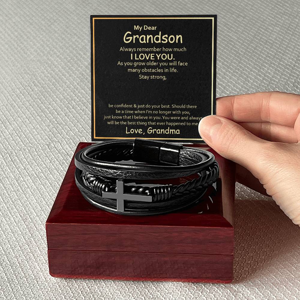 To My Grandson Always Remember How Much I Love You Men's Cross Bracelet - Vegan Leather with Stainless Steel-Express Your Love Gifts