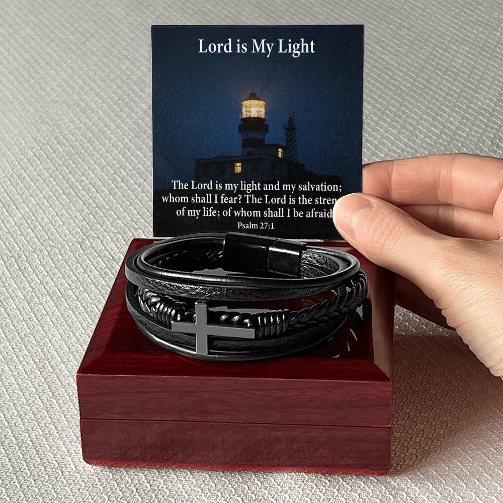 Lord is My Light Psalm 27:1 Men's Stainless Steel & Vegan Leather Cross Bracelet - Vegan Leather with Stainless Steel-Express Your Love Gifts