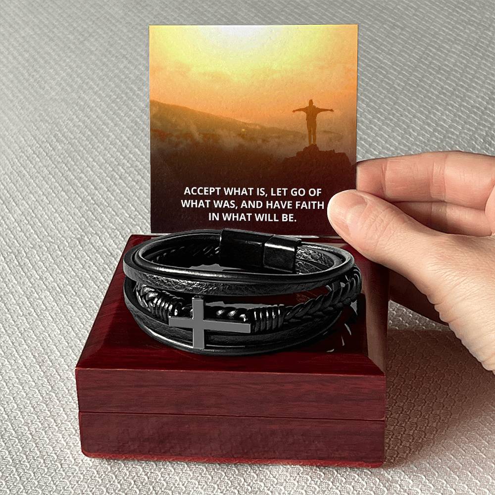 Accept What Is Men's Stainless Steel & Vegan Leather Cross Bracelet - Vegan Leather with Stainless Steel-Express Your Love Gifts