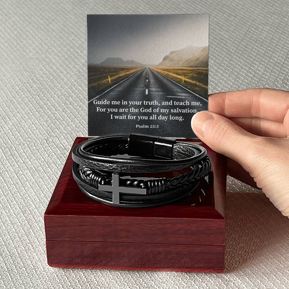 Guide Me Psalm 25:5 Men's Stainless Steel & Vegan Leather Cross Bracelet - Vegan Leather with Stainless Steel-Express Your Love Gifts