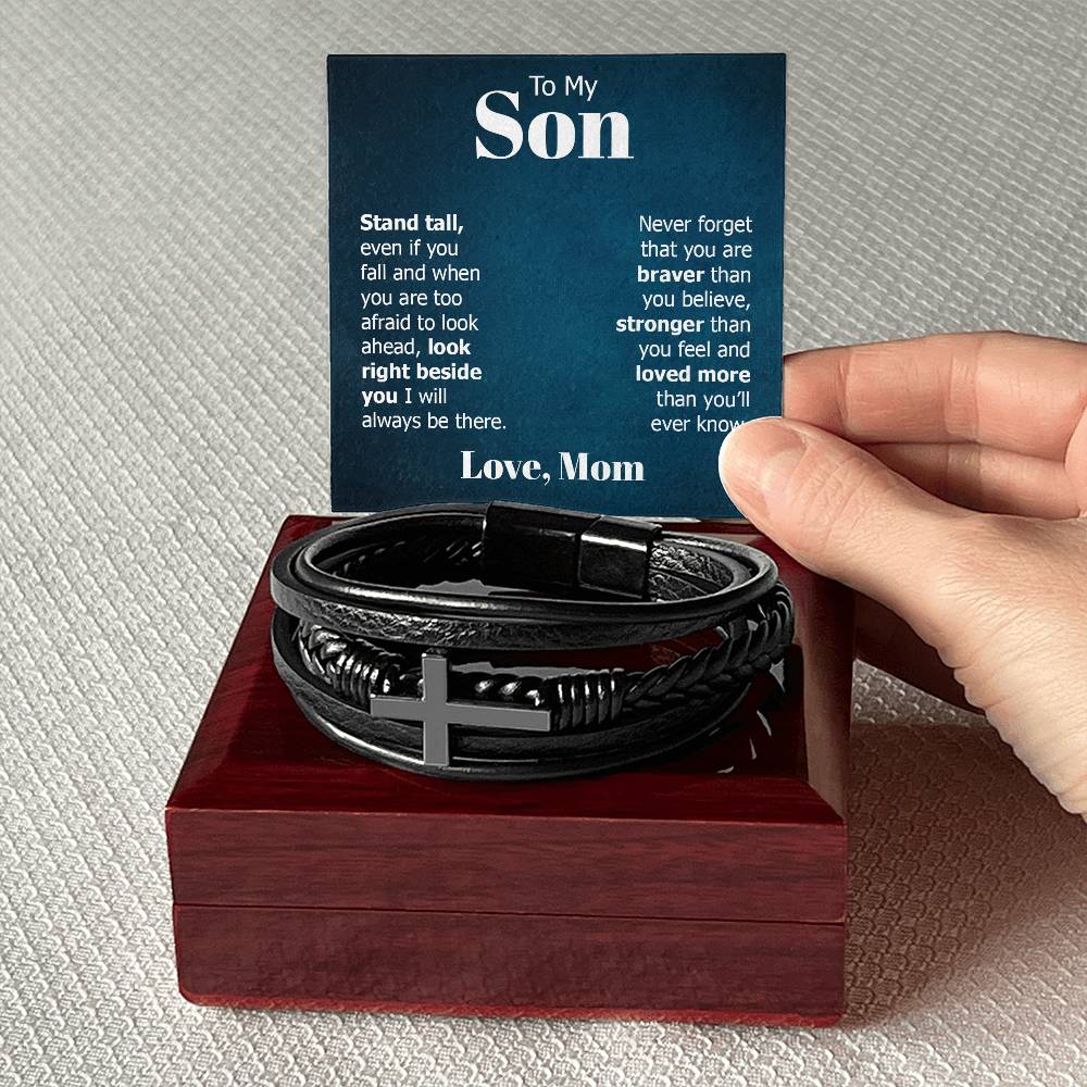 To My Son Stand Tall Even if You Fall Men's Cross Bracelet - Vegan Leather with Stainless Steel-Express Your Love Gifts