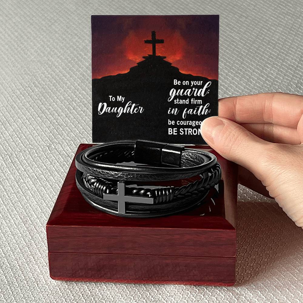 Stand Firm in Faith Joshua 1:9 Men's Stainless Steel & Vegan Leather Cross Bracelet - Vegan Leather with Stainless Steel-Express Your Love Gifts