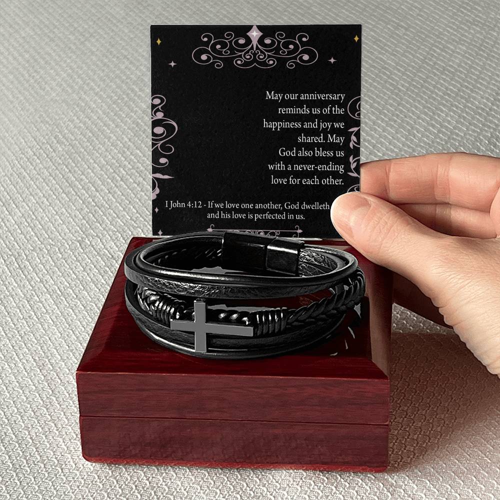 Happiness 1 John 4:12 Men's Stainless Steel & Vegan Leather Cross Bracelet - Vegan Leather with Stainless Steel-Express Your Love Gifts