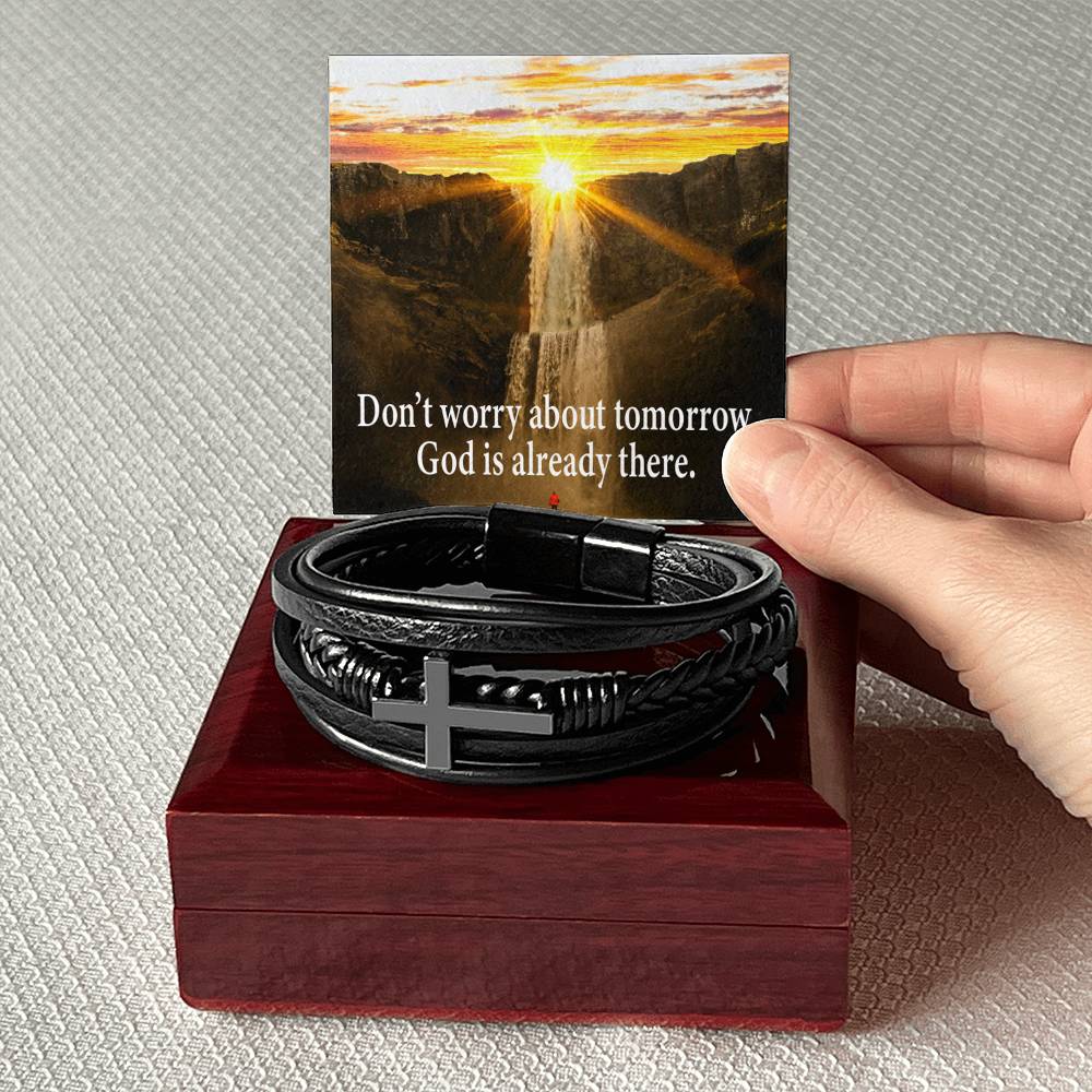 Don’t Worry Men's Stainless Steel & Vegan Leather Cross Bracelet - Vegan Leather with Stainless Steel-Express Your Love Gifts