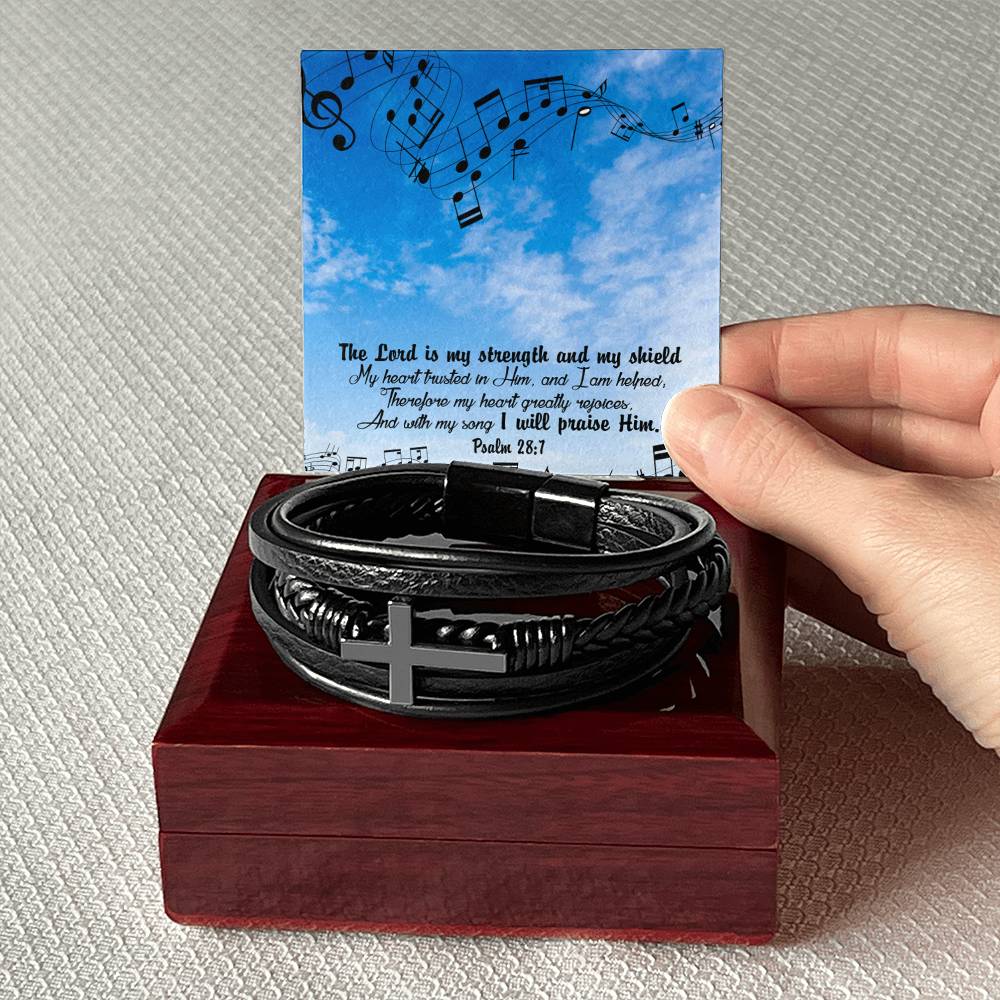 Lord is My Strength Psalm 28:7 Men's Stainless Steel & Vegan Leather Cross Bracelet - Vegan Leather with Stainless Steel-Express Your Love Gifts