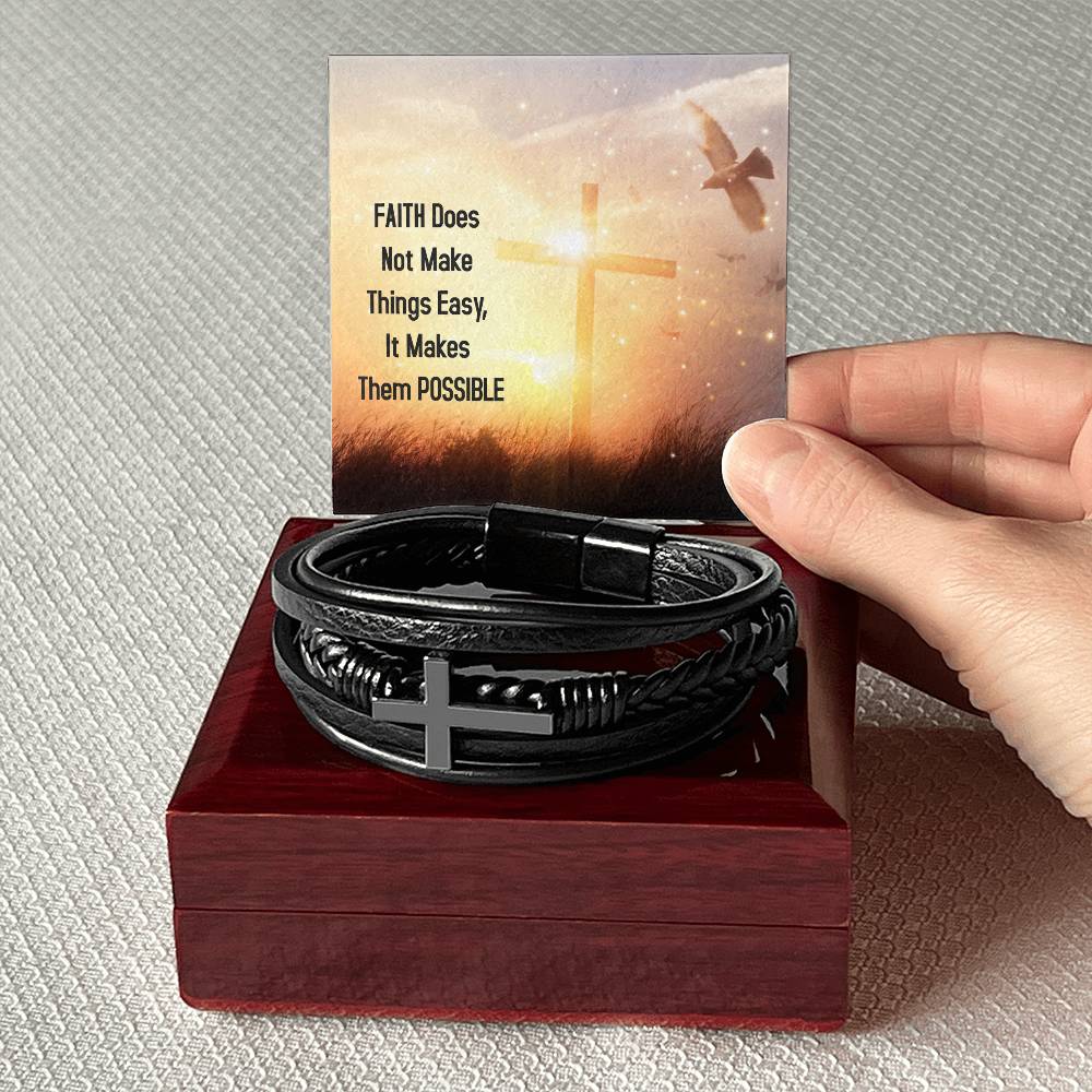 Faith Does Not Make Things Easy Luke 1:37 Men's Stainless Steel & Vegan Leather Cross Bracelet - Vegan Leather with Stainless Steel-Express Your Love Gifts