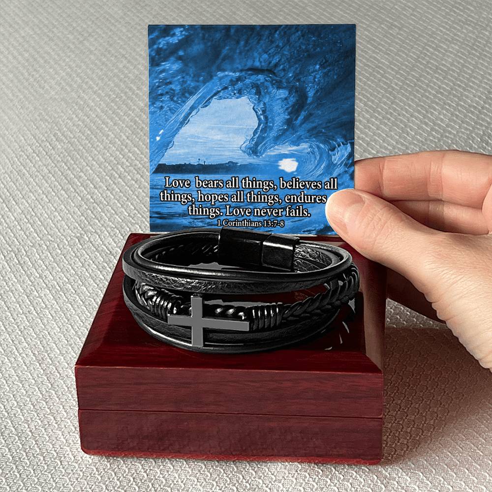 Love Bears All Water 1 Corinthians 13:7‭-‬8 Men's Stainless Steel & Vegan Leather Cross Bracelet - Vegan Leather with Stainless Steel-Express Your Love Gifts