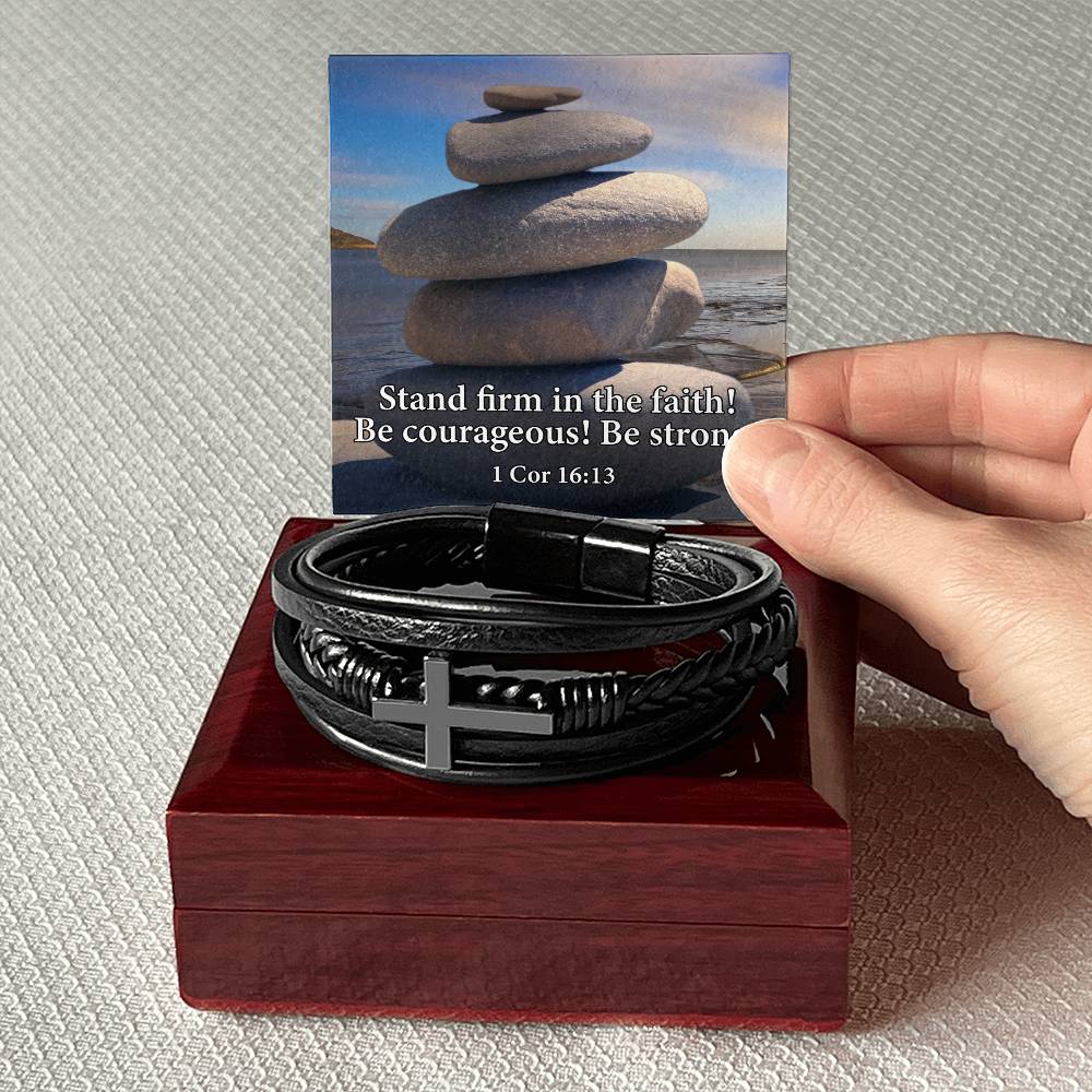 Stand Firm in Faith 1 Corinthians 16:13 Men's Stainless Steel & Vegan Leather Cross Bracelet - Vegan Leather with Stainless Steel-Express Your Love Gifts