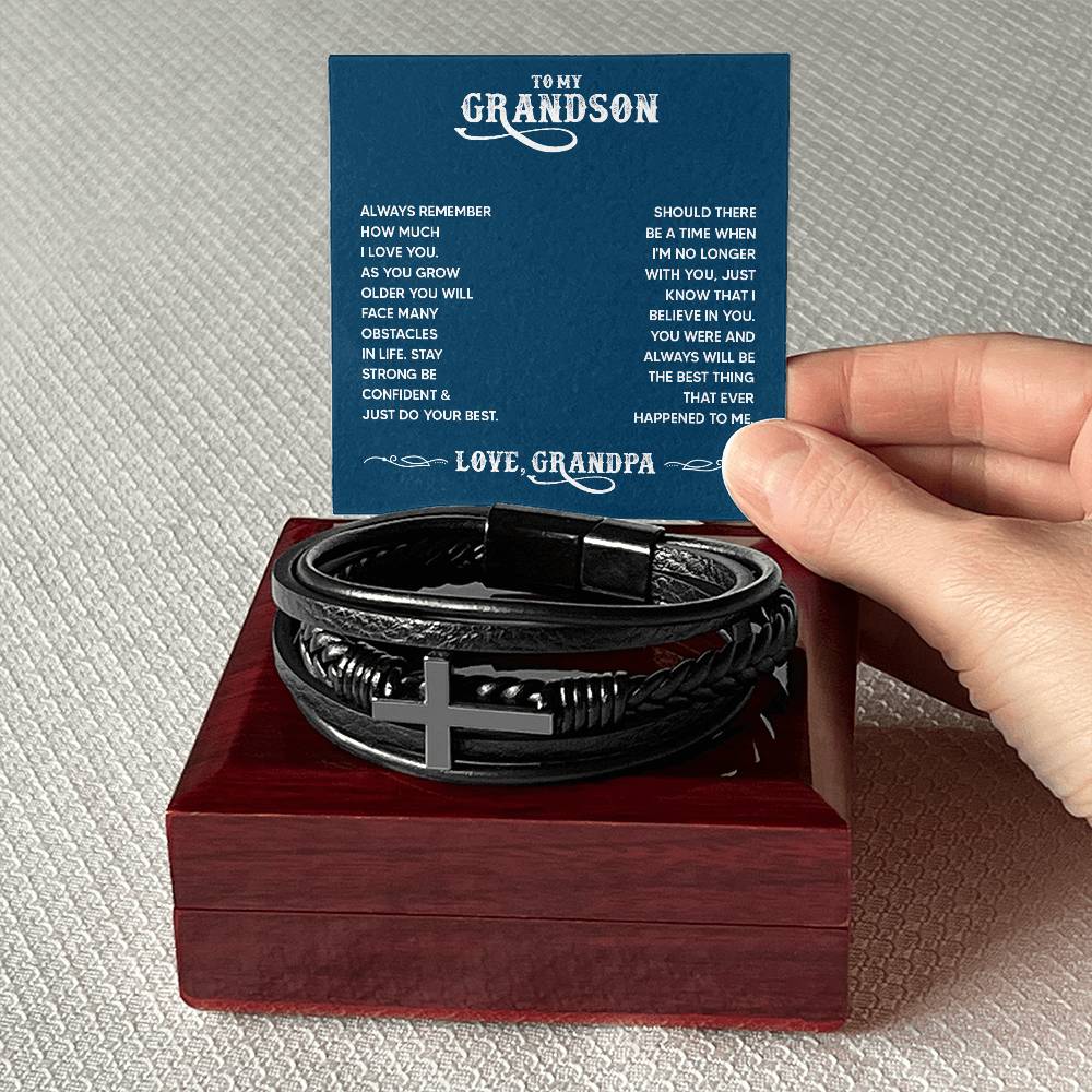 To My Grandson Always Remember From Grandpa Men's Cross Bracelet - Vegan Leather with Stainless Steel-Express Your Love Gifts