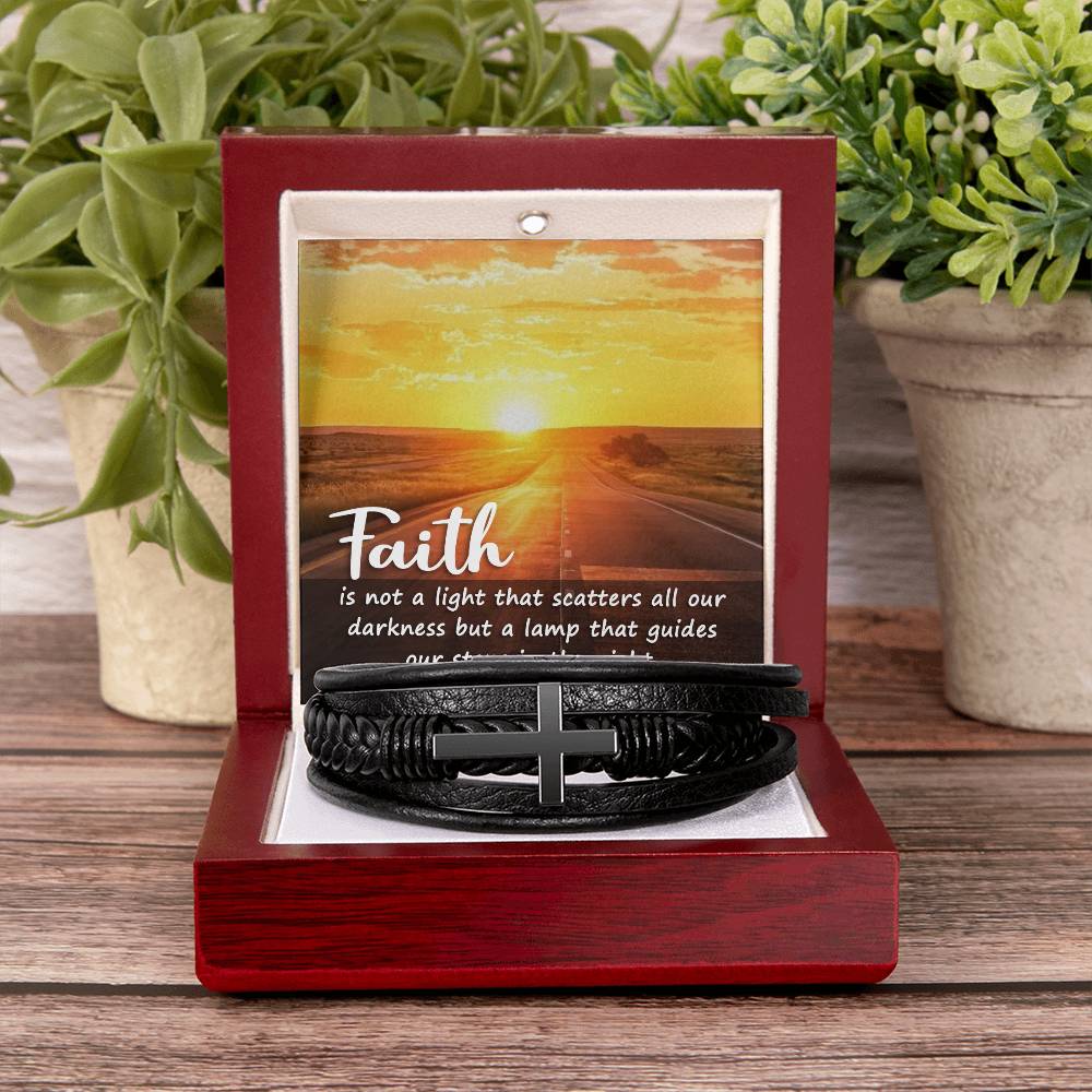 Faith is Not a Light Men's Stainless Steel & Vegan Leather Cross Bracelet - Vegan Leather with Stainless Steel-Express Your Love Gifts