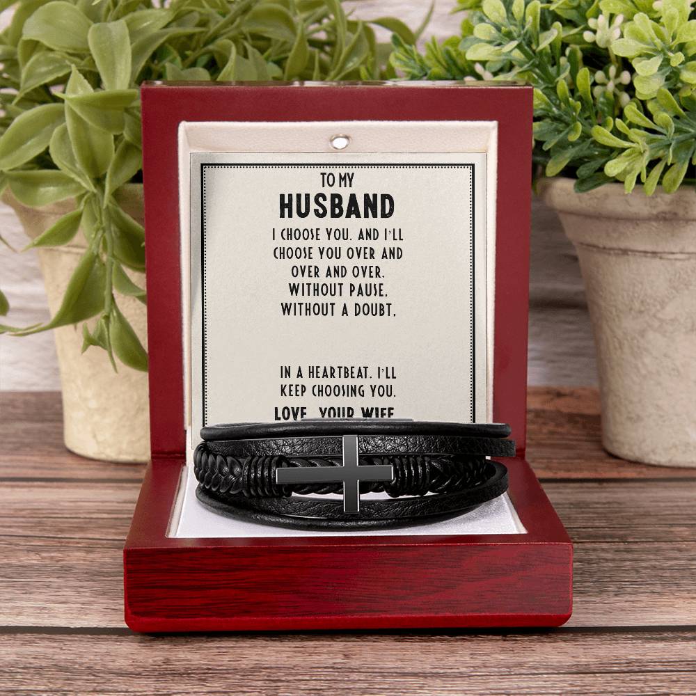 To My Husband I Choose You Men's Cross Bracelet - Vegan Leather with Stainless Steel-Express Your Love Gifts