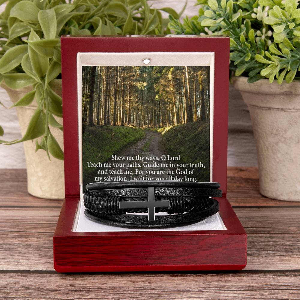 Guide & Teach Me lord in Psalm 25:4‭-‬5 Men's Stainless Steel & Vegan Leather Cross Bracelet - Vegan Leather with Stainless Steel-Express Your Love Gifts