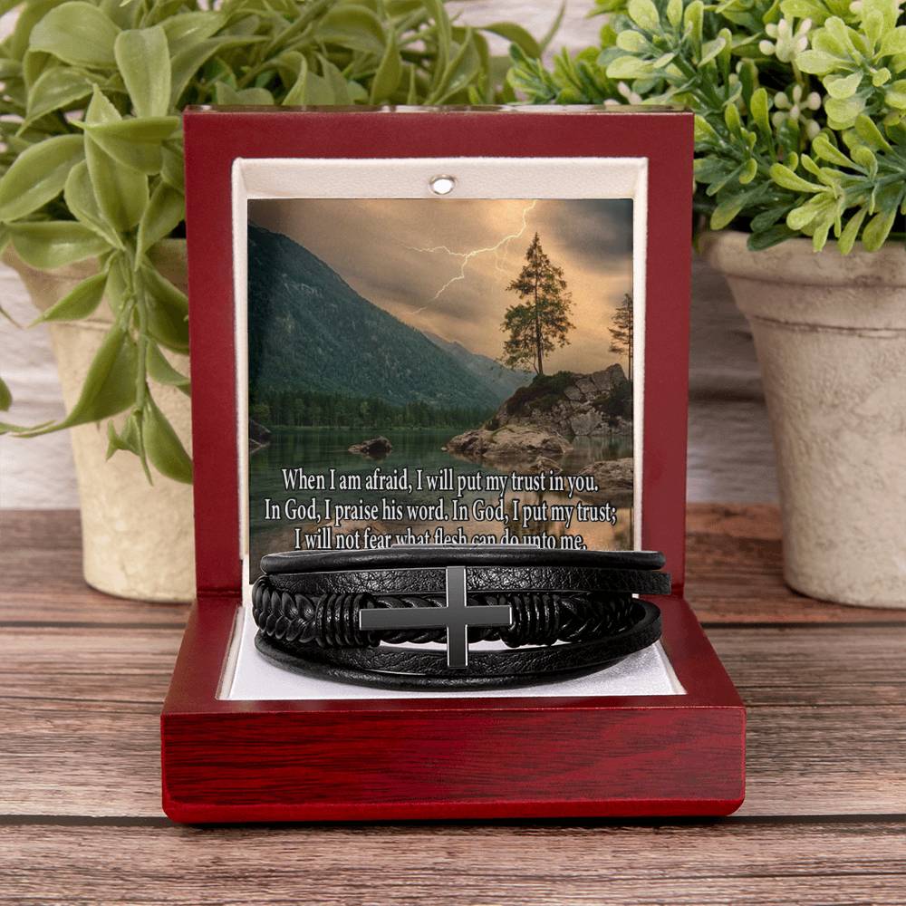 Trust in God Psalm 56:3-4 Men's Stainless Steel & Vegan Leather Cross Bracelet - Vegan Leather with Stainless Steel-Express Your Love Gifts