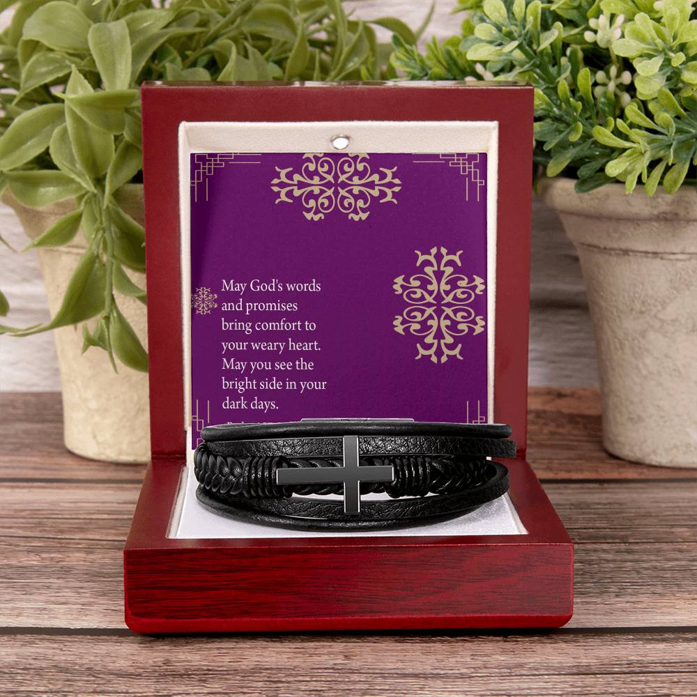 Get Well God's Words & Promises Psalm 107:20 Men's Stainless Steel & Vegan Leather Cross Bracelet - Vegan Leather with Stainless Steel-Express Your Love Gifts