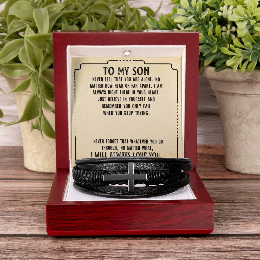 To My Son Never Feel That Men's Cross Bracelet - Vegan Leather with Stainless Steel-Express Your Love Gifts